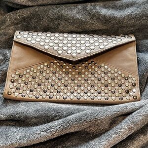 NWOT Linea Pelle Leather Studded Clutch Tan - Heavy!